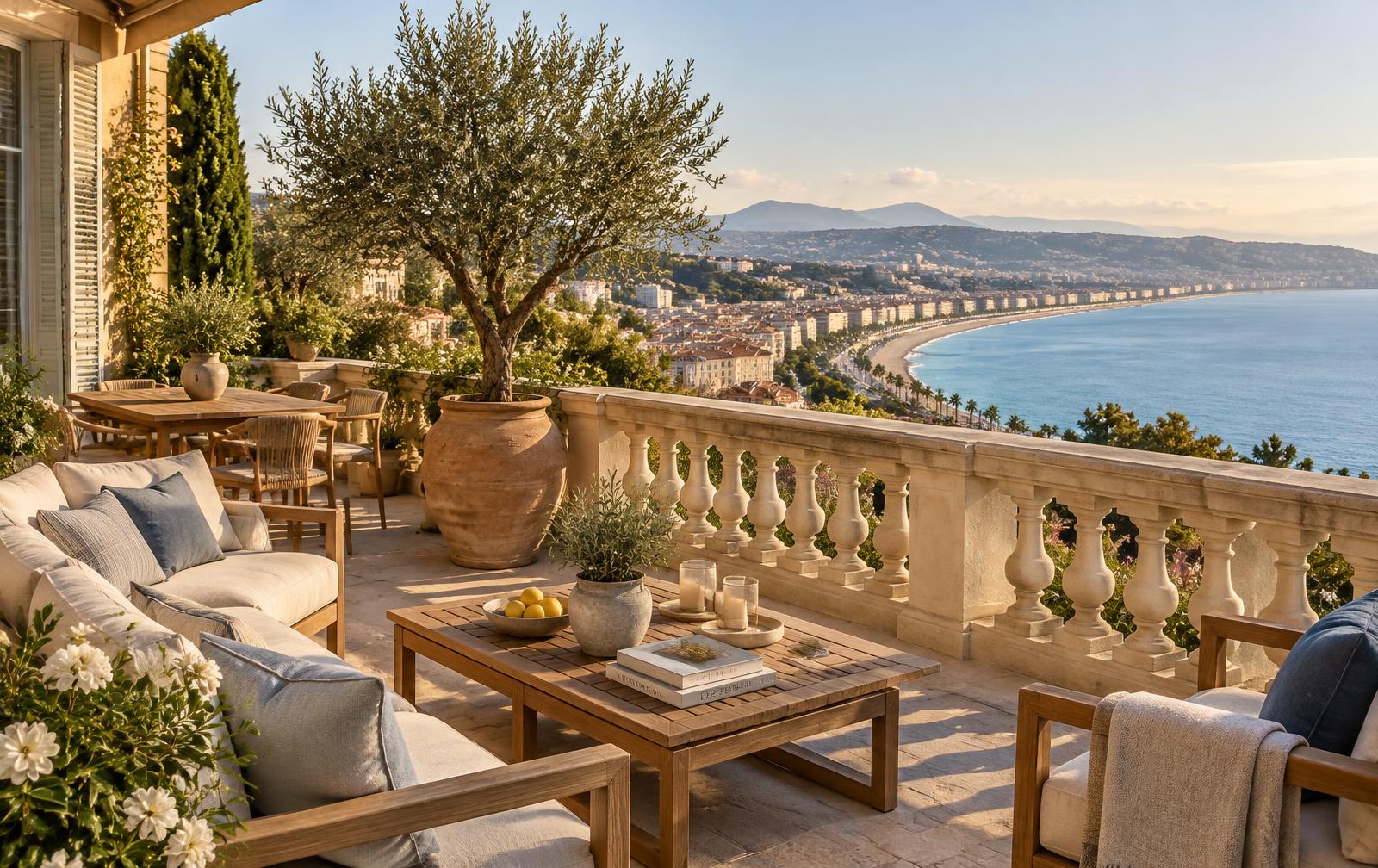 Terrasse d’une résidence sur la Côte d’Azur avec vue sur la baie de Nice