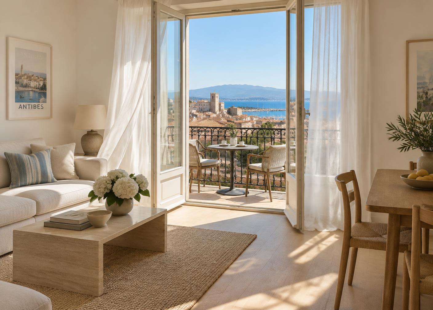 Intérieur lumineux d’un appartement ouvrant sur un balcon avec vue mer à Antibes